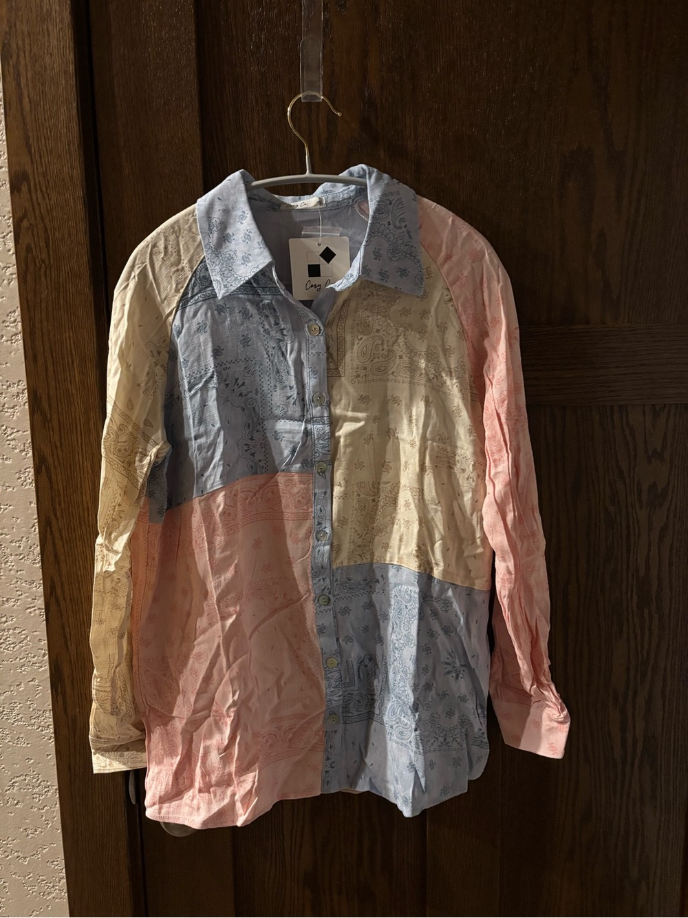 Paisley Patchwork Color Block Print Long-Sleeve Shirt - Blue, Cream & Pink Small